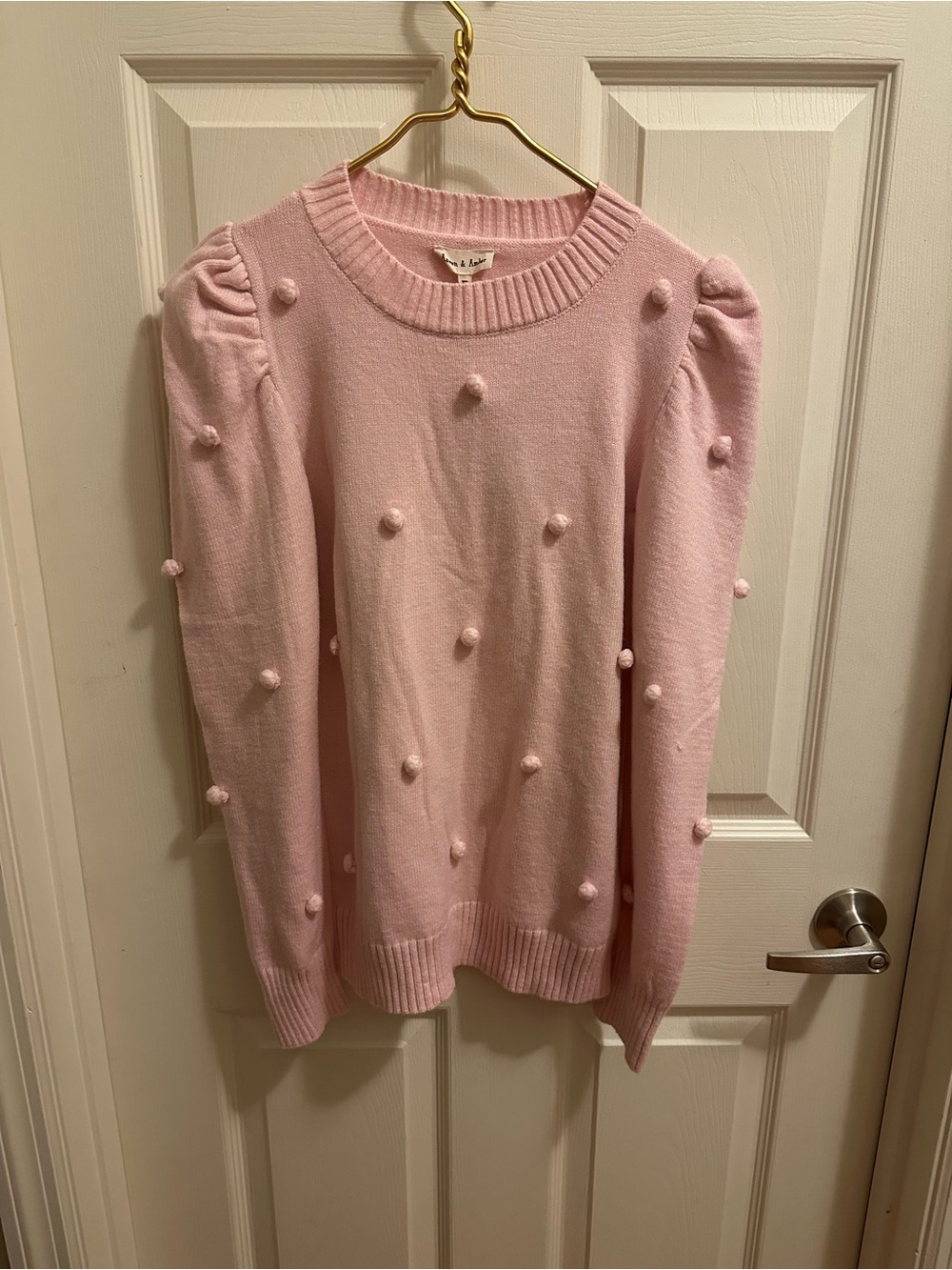 Girls' Pink Pom-Pom Puff Sleeve Sweater - Soft Knit